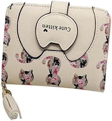 Ammazona Women Cat Short Wallet Handbags Card Holder withTassel (Beige)