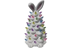 Lighted Easter Bunny Tree Ceramic Figurines,Pre-Lit Cute Resin Easter Bunny Tree Figurines with Colorful Lamp Beads and Bunny
