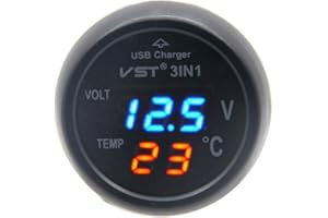 RKURCK 12V-24V 3in1 Universal Blue Cigarette Lighter Car USB Port Charger Digital LED Display Voltmeter Thermometer Auto Gauge Battery Voltage Tester Temperature Monitor Meter