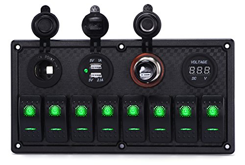 DCFlat 4 Gang / 6 Gang / 8 Gang Circuit LED Car Marine Waterproof 5 Pin Boat Rocker Switch Panel with Fuse Dual USB Slot LED Light + Power Socket Breaker Voltmeter for RV Car Boat (8 Gang-Green)