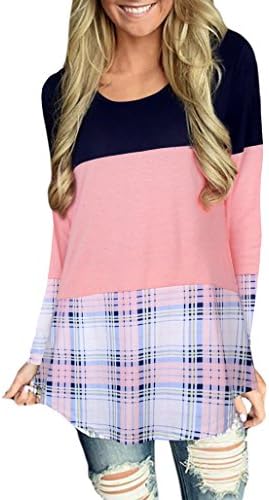 Qingre Women's Back Lace Color Block Tops Long Sleeve T-Shirts Blouses With Plaid Hem Tunic Orange Red S