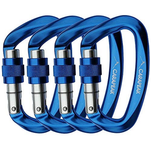 CARAPEAK 25kN Heavy Duty Screwgate Locking Rock Climbing Carabiner Set, 4 Pack Snag-Free D Shaped Screw Lock Carabiner, Strong Aluminum Lockable Clip Blue
