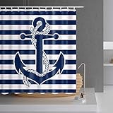 Nautical Navy Anchor Shower Curtain - 78 inch Long Shower Curtain,White and Navy Strip 3D Print Bathroom Shower Curtain with Hooks, Fabric,72x78,Blue