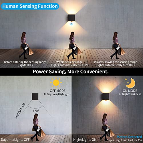 Pack of 2 LED Wall Light Indoor/Outdoor with Motion Sensor, 12 W, 3000 K Warm White Wall Lamp, IP 65 Waterproof Outdoor Wall Light, Modern Outdoor Wall Lighting with Up and Down Adjustable Beam Angle, Black