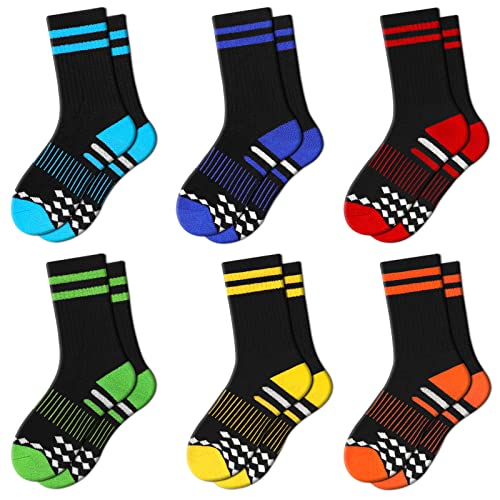Comfoex Boys Crew Socks 4-6 6-8 8-10 Years Old Athletic Long Cotton Socks For Kids Half Cushioned Calf Socks 6 Pairs