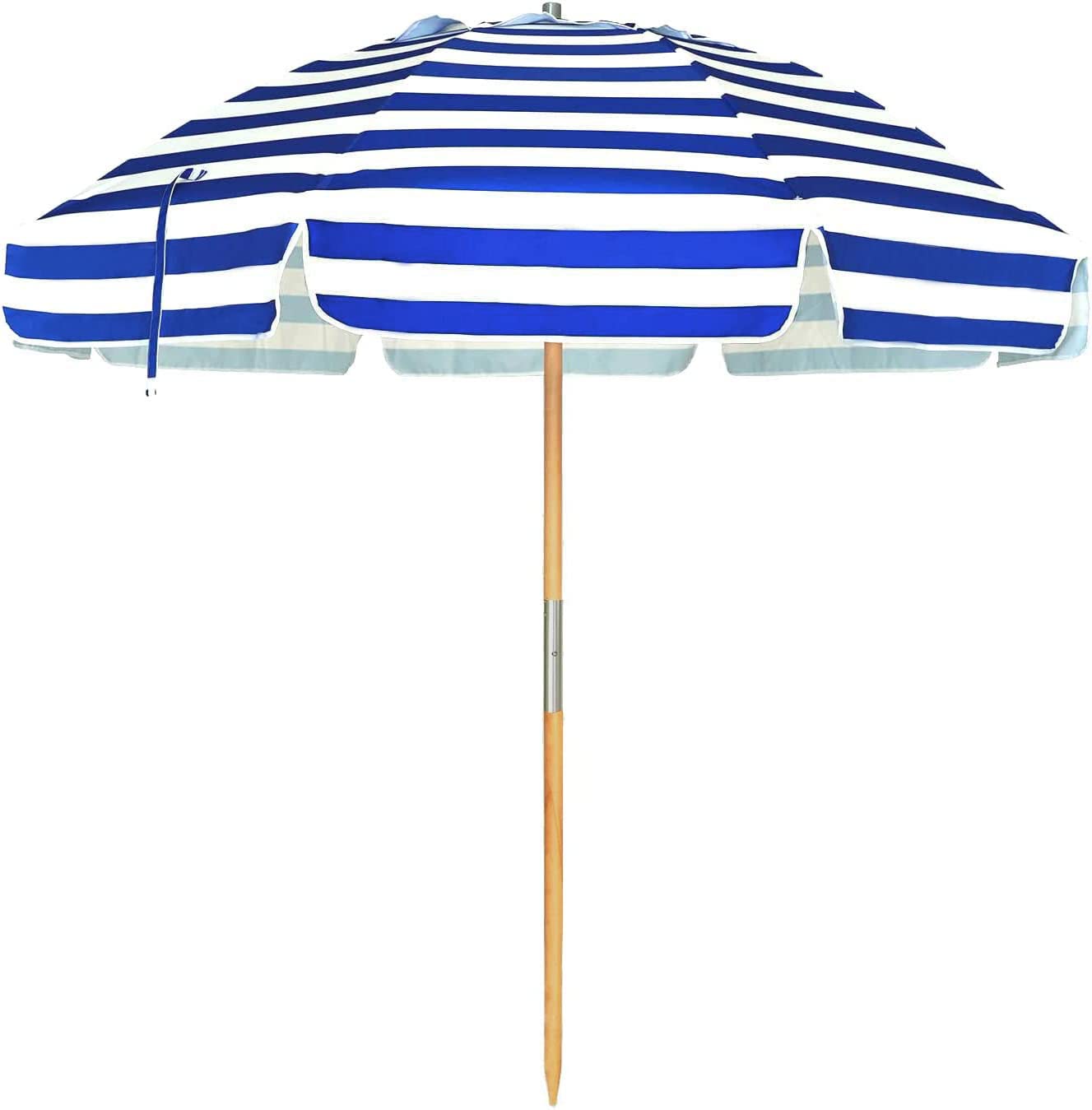 Photo 1 of AMMSUN 7.5ft Heavy Duty HIGH Wind Beach Umbrella Commercial Grade Patio Beach Umbrella with Air Vent Ash Wood Pole & Carry Bag UPF 50+ Protection Stripe Blue white