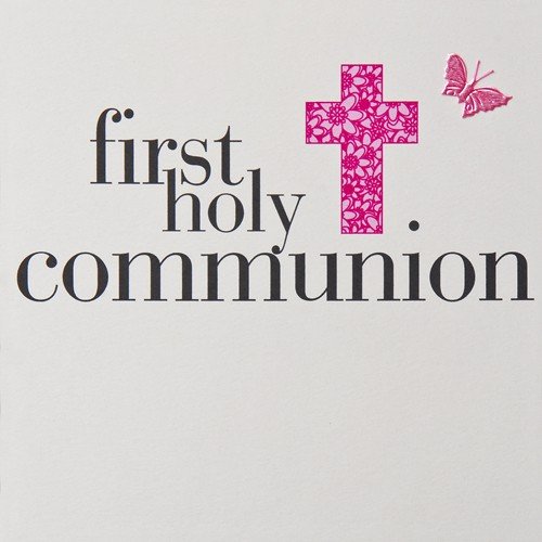 Claire Giles Greeting Cards, First Holy Communion Girl Card, Pink Cross Design and Embellished with a Fabric Butterfly