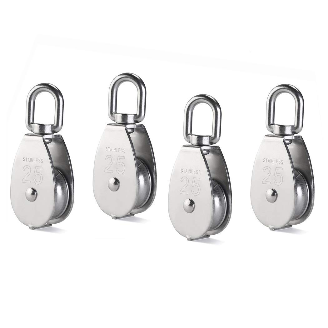 POFET 4Pcs Single Pulley Block, 304 Stainless Steel Pulley Roller, M25 Lifting Crane Swivel Hook Bearings, Hanging Wire Towing Wheel Loading 150kg/331lbs