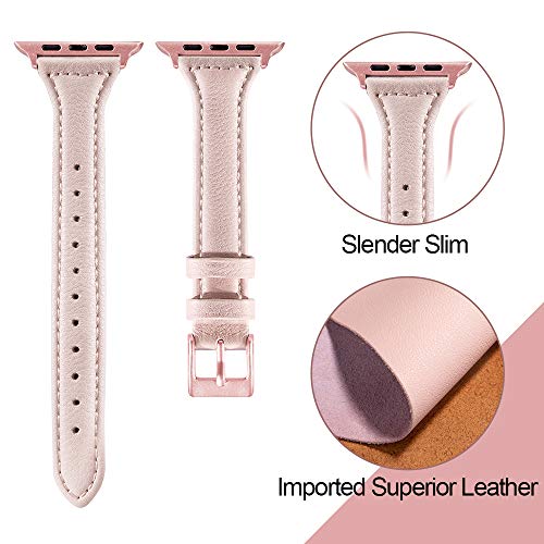 MARGE PLUS Compatible Apple Watch Band with Case 38mm 40mm Women, Slim Genuine Leather Watch Strap with Soft TPU Protective Case Replacement for iWatch Series 4 3 2 1, Pink with Rose Gold Buckle - Thumbnail 2