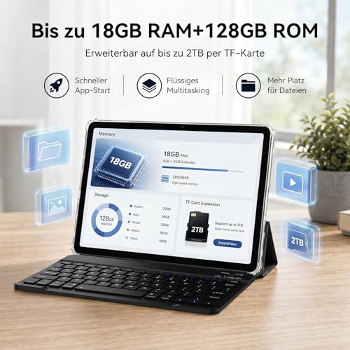 TABWEE Tablet with Keyboard and Stylus Pen - 18GB + 128GB (2TB TF) Android Tablet 10" 6000mAh 5MP + 2MP Gemini AI 5G WiFi GPS