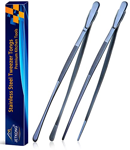 JETKONG 2 Pcs 12-Inch Cooking Tweezer Tongs Stainless Steel Kitchen Tweezers Plating Tongs (Navy Blue)