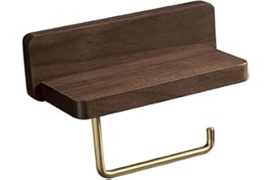 DOITOOL Natural Wood Toilet Paper Holder Wall-Mounted Brass Bathroom Tissue Rack with Shelf Easy