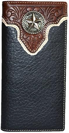 Men black cowboy genuine leather texas star concho bifold long wallet