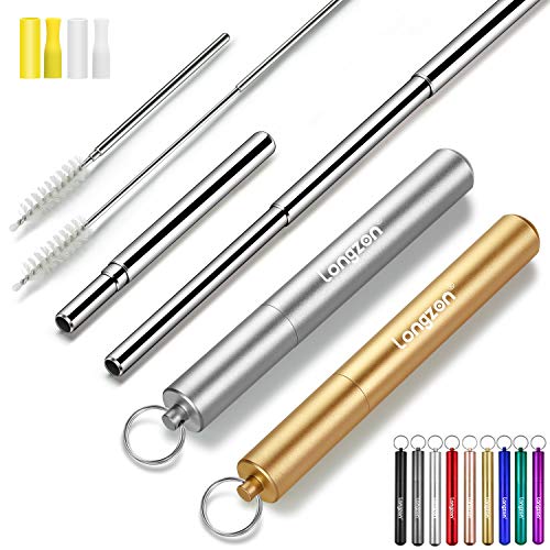 Longzon 2 Pack Telescopic Metal Straws – Reusable, Portable, Collapsible Stainless Steel Drinking Straws with 2 Aluminum Key-chain Case & 2 Cleaning Brushes for Travel - (Silver/Champagne)