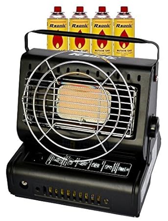 Gasheizung Keramik Gasstrahler 1,3 kW Campingheizung mit Grill + Kocher | Gaskocher Gasflaschen (Heizug mit 4 Kartuschen)