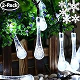 Icicle Solar String Lights Outdoor,19.2 Ft 8 Modes 30 Water Drop LED, Christmas Lights for Garden Decorations, Fence, Patio, Xmas, Wedding, Party and Holiday (2 Pack, Cool White)