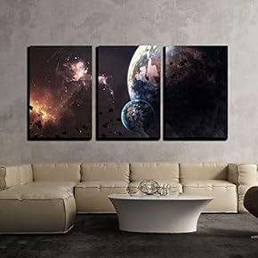 3 Piece Canvas Wall Art - Universe Scene with Planets, Stars and Galaxies in Outer Space - Modern Home Art Stretched and Framed Ready to Hang - 16"x24"x3 Panels