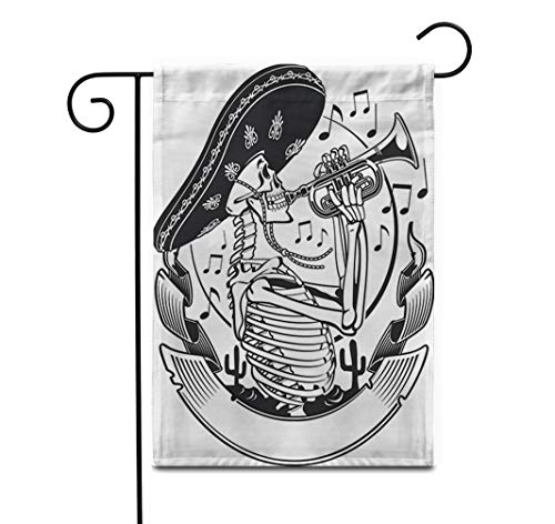 Awowee 28"x40" Garden Flag Mariachi Mexican Skeleton Sombrero Playing The Trumpet Mexico Bugle Outdoor Home Decor Double Sided Yard Flags Banner for Patio Lawn