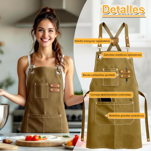 Delantales de cocina 2 piezas para mujer y hombre, mandiles ajustables con tirantes cruzados, 3 bolsillos, resistentes a salpicaduras, ideales para cocinar, barbacoa, hornear y jardinería, Café
