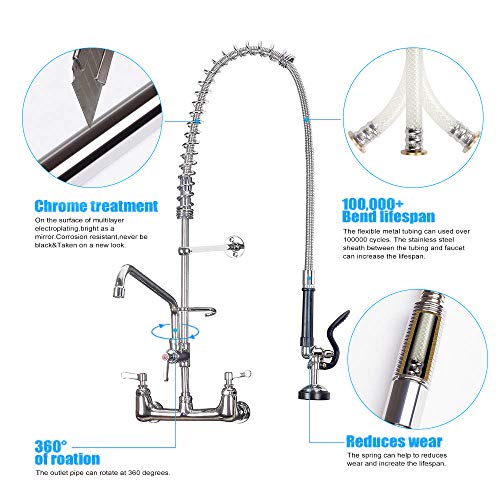 SEAAN Commercial Sink Faucet Wall Mount Pre-rinse Faucet 2 Handle Pulldown Kitchen Faucet with Sprayer- 36" Height 8" Center, 12" Add-on Spout, Chrome Finished, Heavy Duty