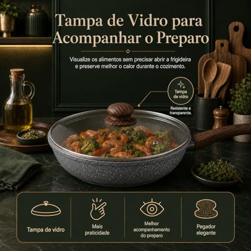 Frigideira Wok Antiaderente Revestimento Cerâmico 28cm 4,3 Litros Alumínio 2.3mm com Tampa Vidro Fundo indução, Cabo Baquelite Antitérmico (Granito)