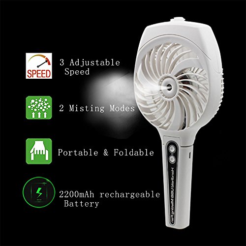 Cxy Portable Misting Fan, Handheld Foldable USB Fan with Rechargeable 2200mAh battery for outdoor activity such as Traveling Hiking climbing or used Indoor table. ï¼ˆWhiteï¼‰