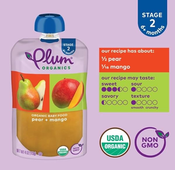 PLUM ORGANICS STAGE 2 ORGANIC BABY FOOD – PEAR AND MANGO – 4 OZ POUCH – ORGANIC FRUIT AND VEGETABLE BABY FOOD POUCH