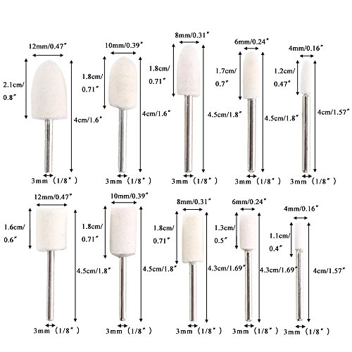 Dayree 20pcs Wool Felt Mounted Mandrel Set White Polishing Buffing Bits with 1/8 Inch Shank for Glass, Stone, Ceramic, Nail Art, Jewelry fit Dremel Rotary Tool