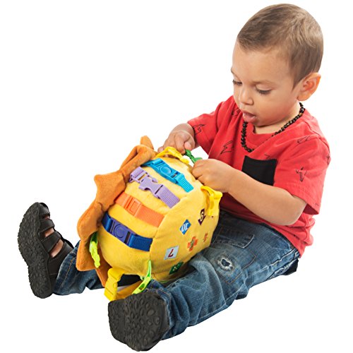 BUCKLE TOY "Benny" Lion Bag - Toddler Early Learning Basic Life Skills Children's Plush Travel Activity