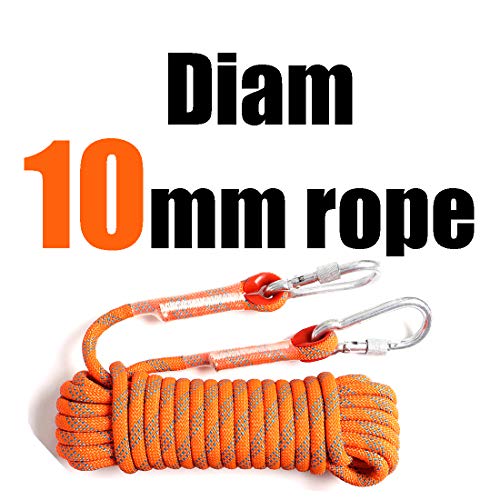 GINEE 10mm Static Outdoor Rock Climbing Rope with Carabiner 50FT Orange,Rescue Grappling Lifeline Escape Descender Abseiling Rope,Arborist Tree Climbing Gear with Safety Ropes,Magnet Fishing Rope