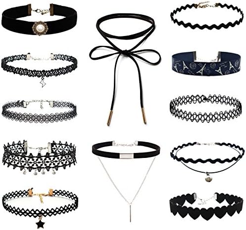 YAMULA Pack of 12 Korean Fashionable Black Lace Choker Necklaces for Girls