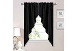 NICETOWN Blackout Window Treatment Pole Pocket Kitchen Tier Curtains- Tailored Scalloped Valance/Swags for Living Room (2 Panels, 36" W X 63" L Each Panel, Black)
