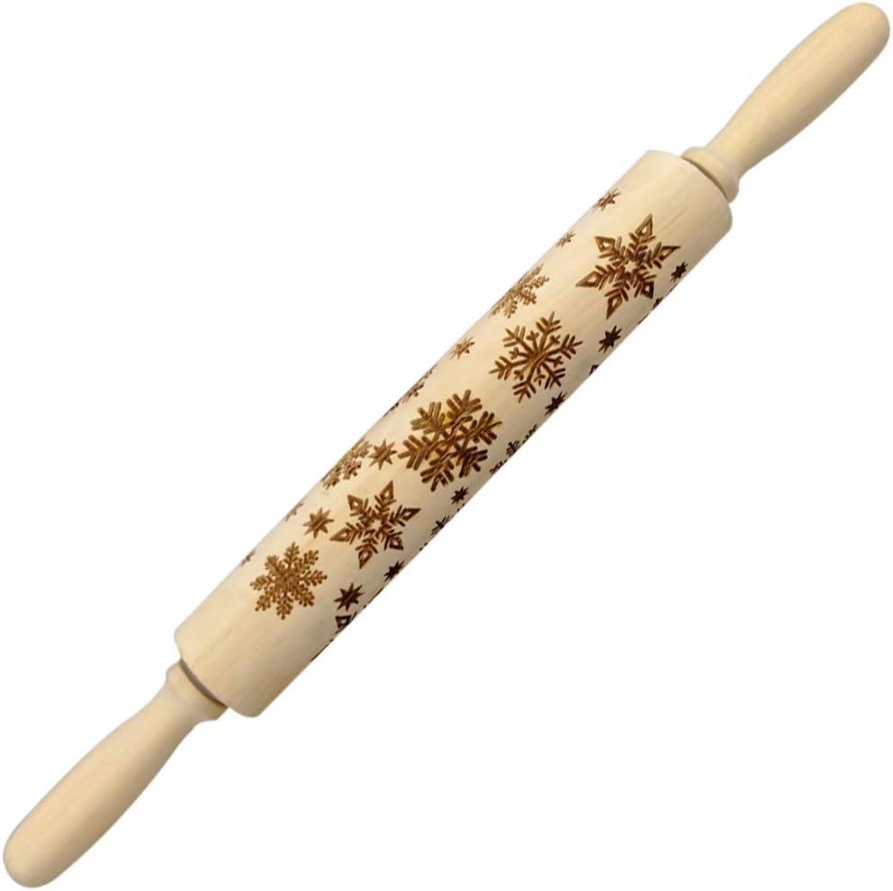 Cute Unique Embossed Laser Engraved Wooden Snowflake Pattern Rolling Pin Strips for DIY Christmas Cookie Dough Fondant Baking Decorations, 17Inches