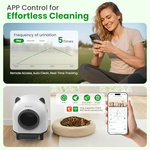 OROLEY Self-Cleaning Litter Box, Automatic Cat Litter Box with APP Control & Safety Sensor，Large Capacity Design for Multiple Cats,Built-in Deodorizing Scent Box and Garbage Bags,White