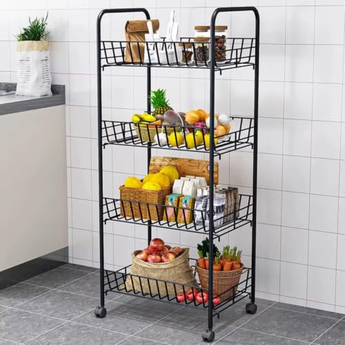 Carrinho Organizador Multiuso Metal Preto 4 Andares Rodinhas Fruteira Chão | Metal