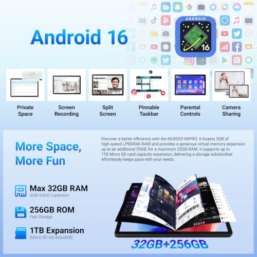 TT.KIDS 11 Pouces Tablette Android 16, 32Go RAM 256Go ROM (1To TF Extensible), 7800 mAh, écran HD 1280 * 800, Widevine L1, WiFi 6 et BT5.4, Doubles Caméra Android Tablettes Pad, Noir