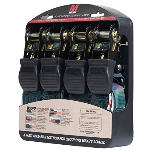 Mann Ratchet Tie Downs Straps with S-hooks 4-Pack Set 1-Inch x 15-Feet 500 Lbs Load Cap - 1500 Lb Break Strength (Camo)