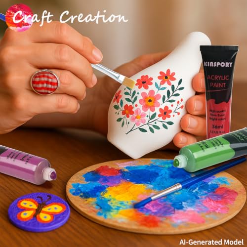 KINSPORY Acrylic Paints 24 x 35 ml with 4 Brushes – Waterproof, Certified Safe, Acrylic Paint – for Canvas, Wood, Glass, Stone – Ideal for Artists, Beginners and Children