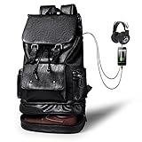 Leather Backpack For Men with USB Waterproof Large Capacity Backpack School College Bookbag Laptop Computer Backpack with Shoe Compartm Travel Bag Extra Capacity Casual Vintage Daypacks for Men(black)