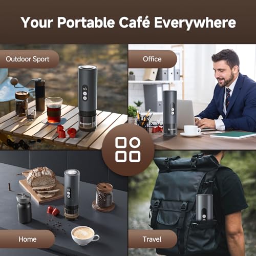 AMZCHEF Portable Coffee Maker 20Bar, 2-IN-1 Self-Heating Portable Espresso Maker with LCD Display, USB-C Rechargeable, Compatible with NS Capsule & Ground Coffee for Camping, Travel, Office & Home Use