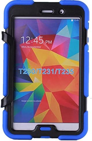 KRYSTALH Armor Heavy Duty Rugged Impact Hybrid Case with Black Built in Kickstand Cover for Samsung Tablet Tab 4 7.0"-inch T230/231/T235 Hard Rubber Shockproof Protective Case Cover with Built in Screen Protector (Blue)
