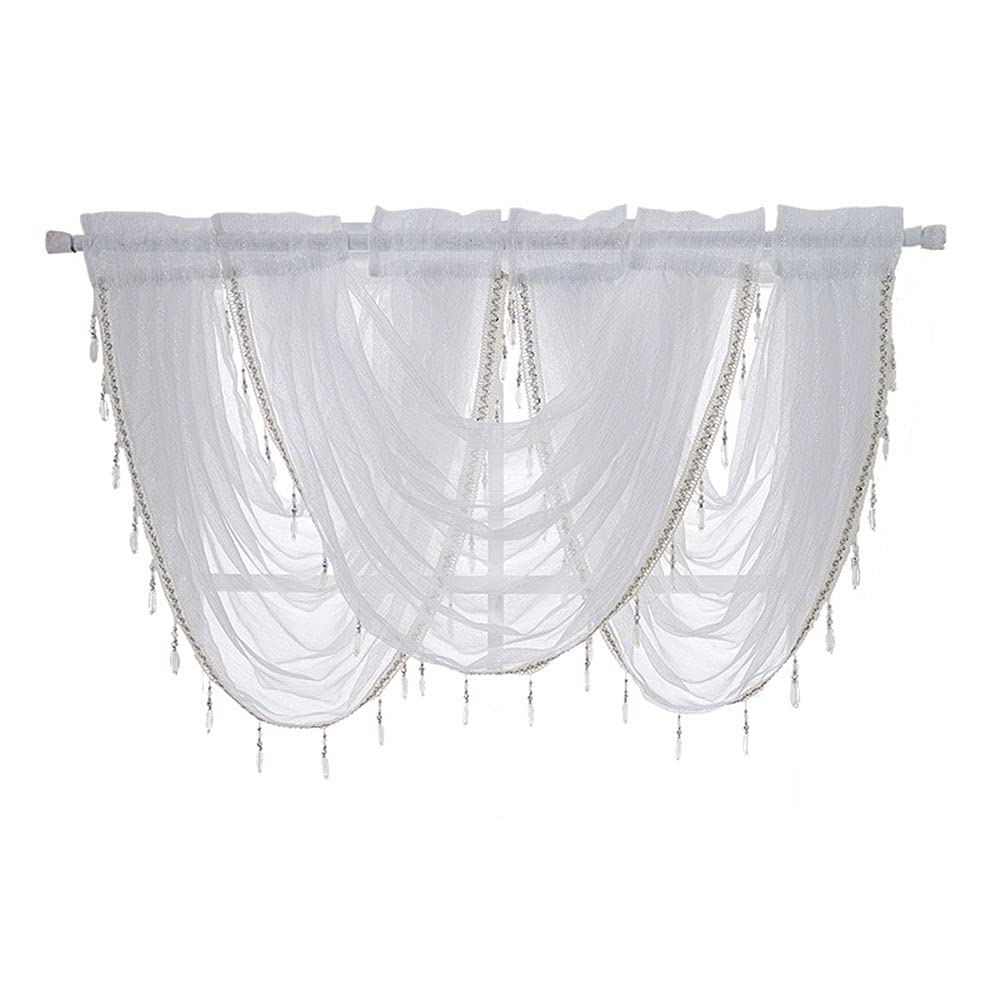 ANCLLO 3 Panels White Solid Waterfall Valance Window Curtain Linen Texture Rod Pocket with Tassel Accessories for Living and Bedroom Curtain 145 x 94cm