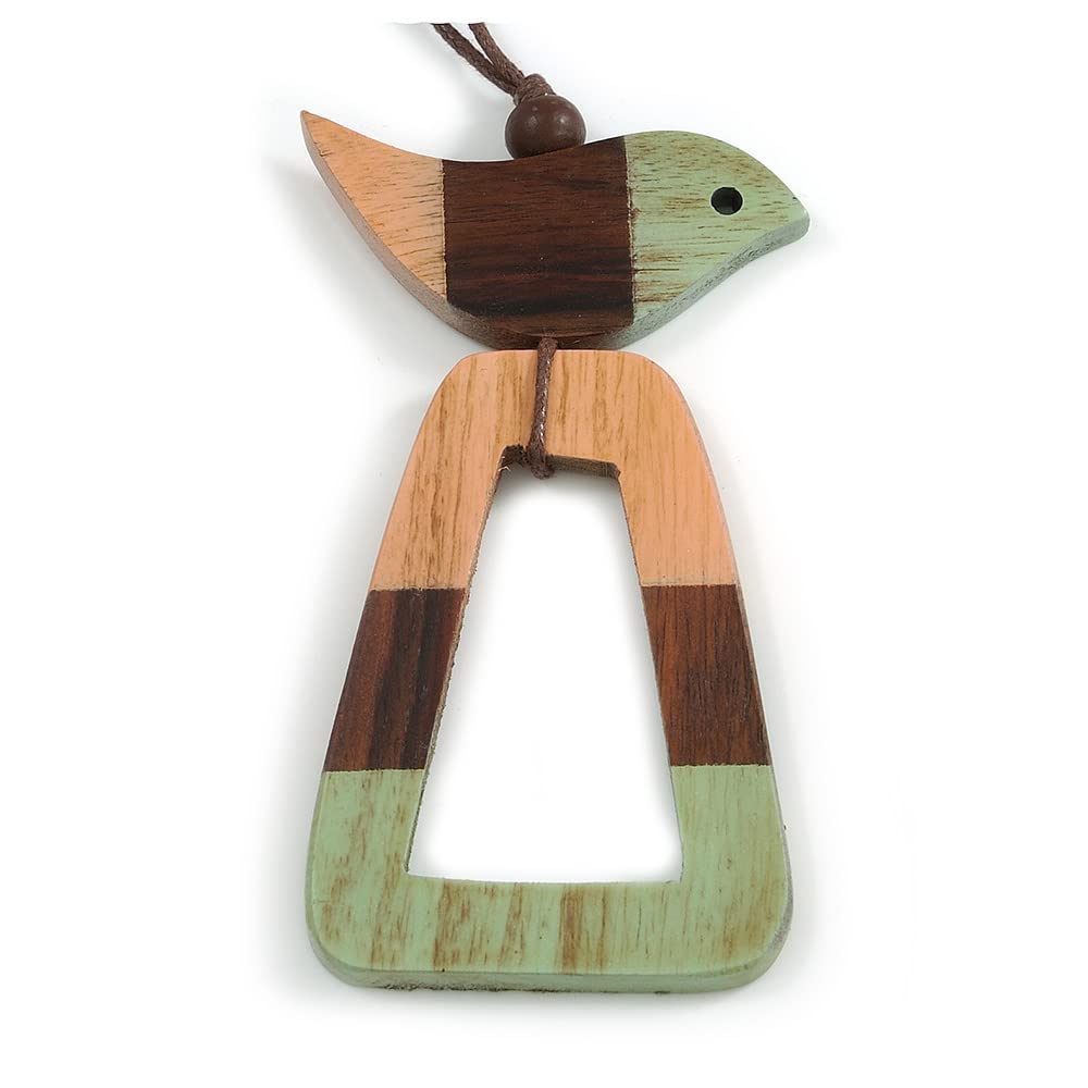 Avalaya Pink/Brown/Mint Bird and Triangular Wooden Pendant Brown Cotton Cord Long Necklace - 90cm L/ 11cm Pendant