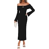 Saodimallsu Womens Off The Shoulder Maxi Sweater Dress Long Sleeve Bodycon Elegant Ribbed Knit Fall Midi Dresses