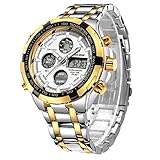 Affute Luxury Sport Digital Analog Quartz Watches for Men Waterproof Led Chronograph Stainless Steel Wristwatch,Gold Silver