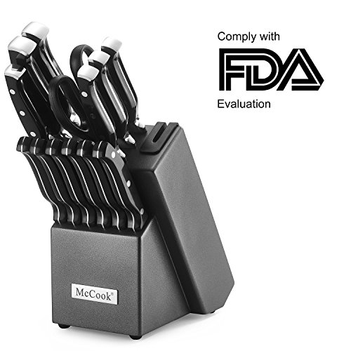 McCook MC25 14 Pieces FDA Certified High Carbon Stainless Steel kitchen knife set with Wooden Block, All-purpose Kitchen Scissors and Built-in Sharpener(Graphite Block)