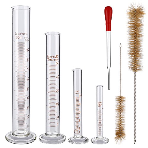 Aozita Glass Graduated Cylinder Set - 5ml, 10ml, 50ml, 100ml - Lab Measuring Cylinder Set with 1ml Dropper and Brushes