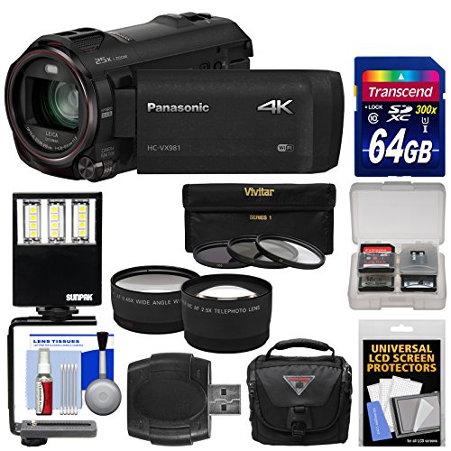 Panasonic HC-VX981 Wi-Fi 4K Ultra HD Video Camera Camcorder with 64GB Card + Case + LED Light + 3 Filters + Tele/Wide Lens Kit