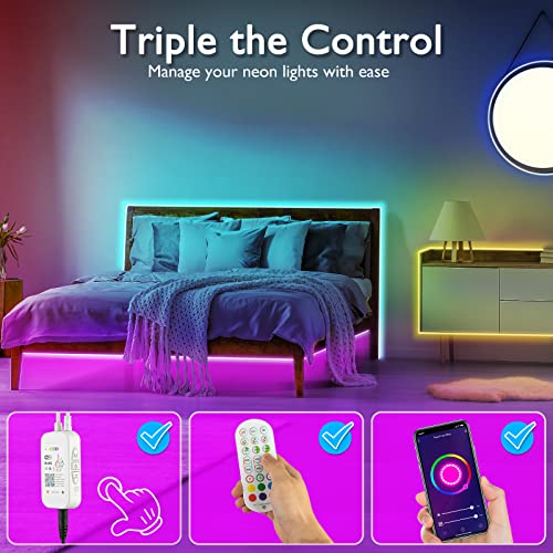 Brillihood Smart Neon Rope Light, 5M/16.4Ft Music Sync RGB Mini Neon LED Strip Lights with App Control & IR Remote, 24V Neon Rope Lighting for Indoor Bedroom, Wall Decor, Compatible with Alexa