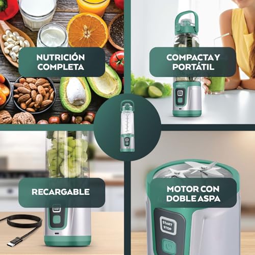 JadeCook Licuadora Portátil Recargable Jade Electro con Vaso de 750 ml, Doble Aspa, para Smoothies y Jugos, Tritura Hielo, Mezcla y Bate, Color Verde